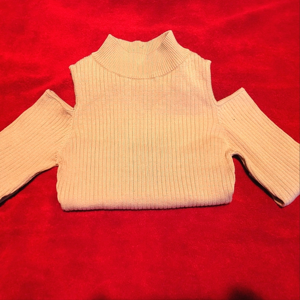 Say What? Tan Shoulderless Long Sleeve Ribbed Sweater